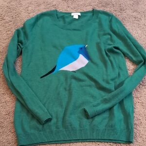 Garnet Hill Green Crewneck Sweater with Blue Bird Intarsia